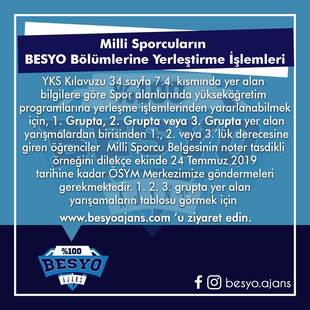Milli Sporcuların BESYO Bölümlerine Yerleştirme İşlemleri