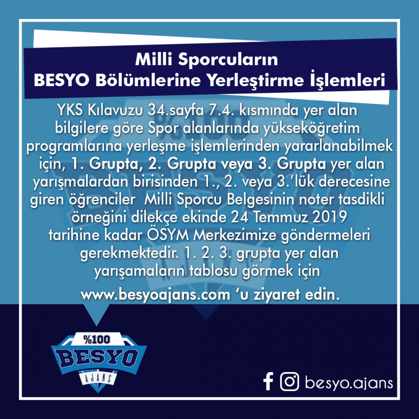 Milli Sporcuların BESYO Bölümlerine Yerleştirme İşlemleri